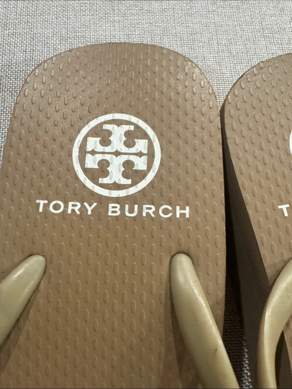 Tory Burch Taupe and Gold Logo Flip Flop Mini Wedge Sandals Size 7